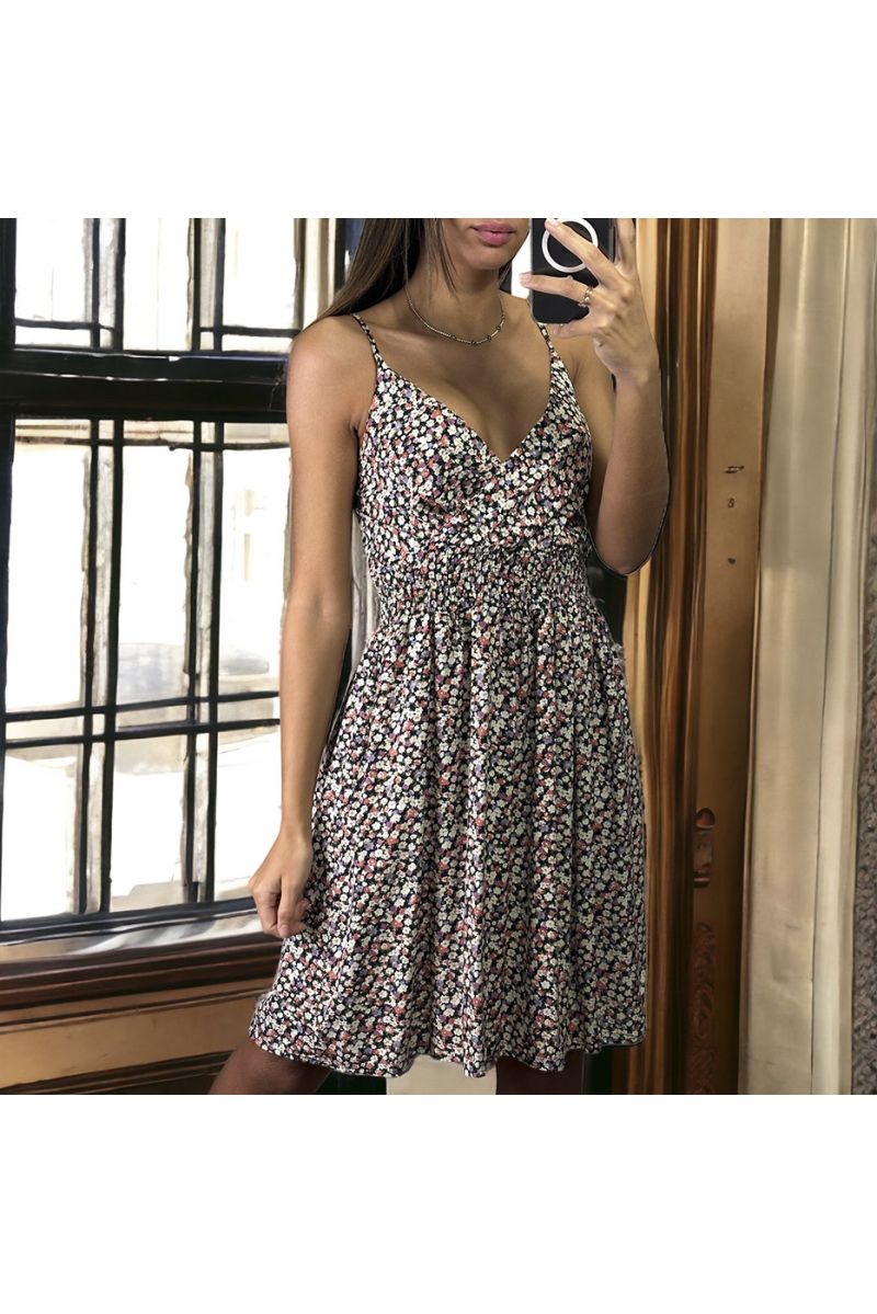 Black Liberty print dress with straps gathered at the waist