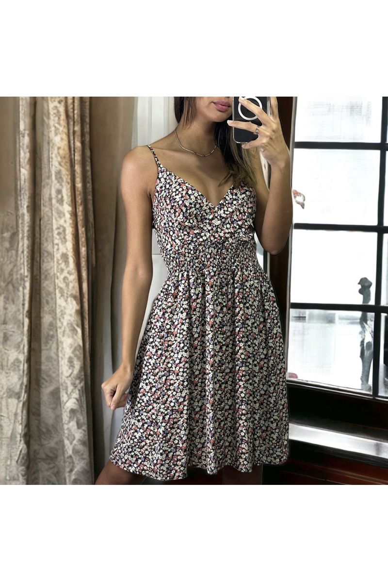 Black Liberty print dress with straps gathered at the waist