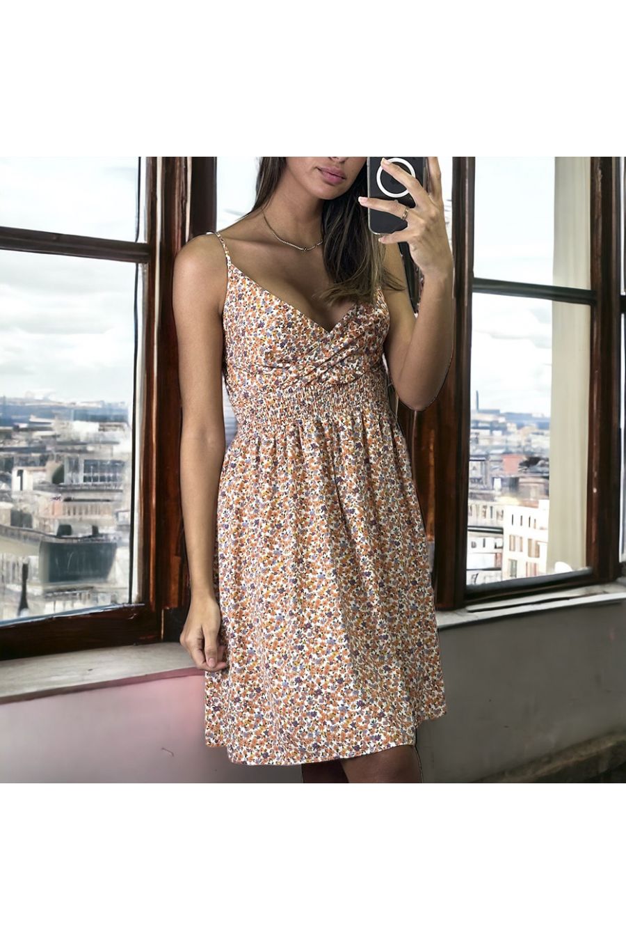 Orange liberty pattern dress with gathered strap at the waist
