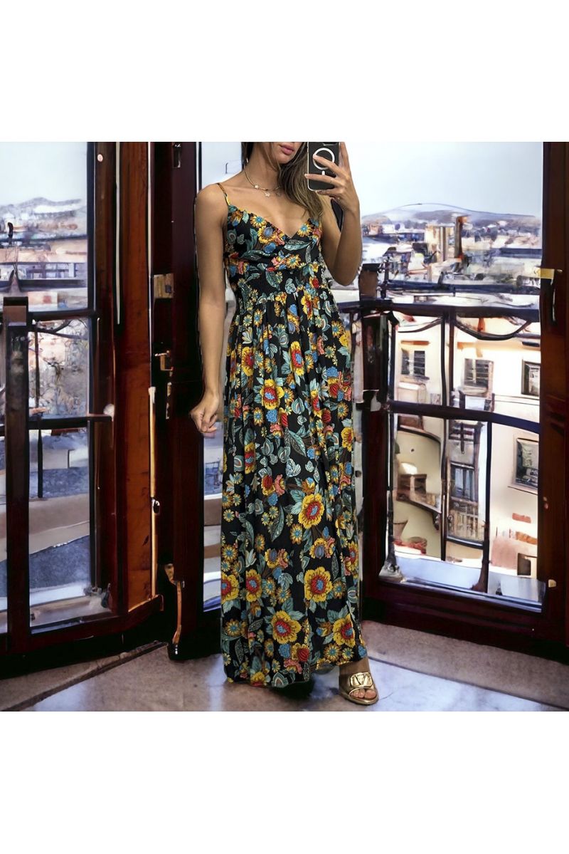 Long dress with black floral pattern, removable straps - 4