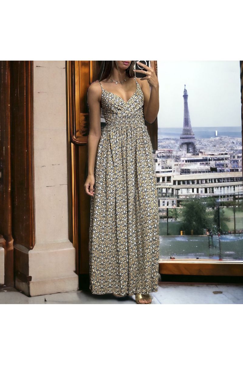 Long mustard pattern dress with removable straps - 3