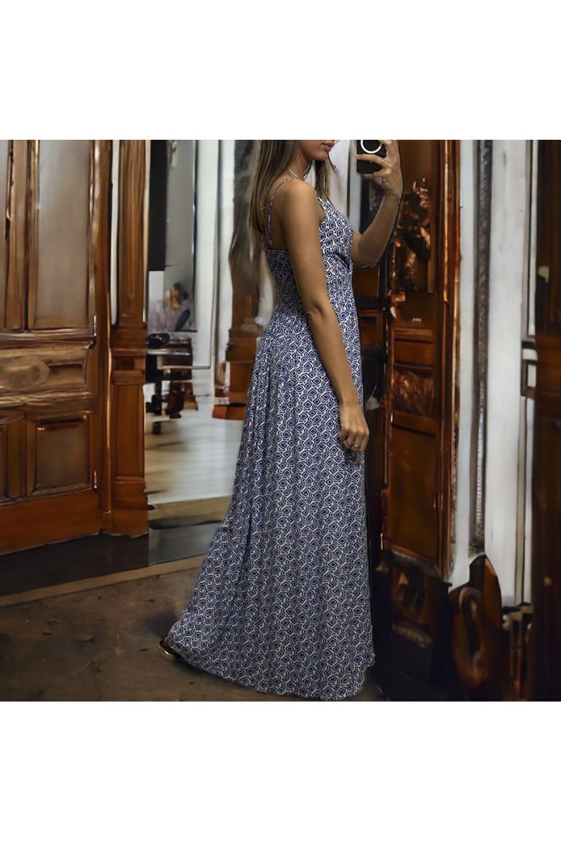 Long blue patterned dress with removable straps - 1