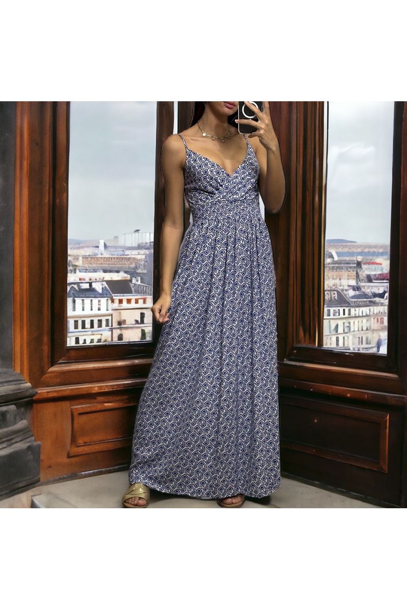 Long blue patterned dress with removable straps - 2