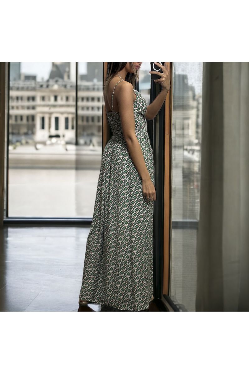 Long green patterned dress with removable straps - 1