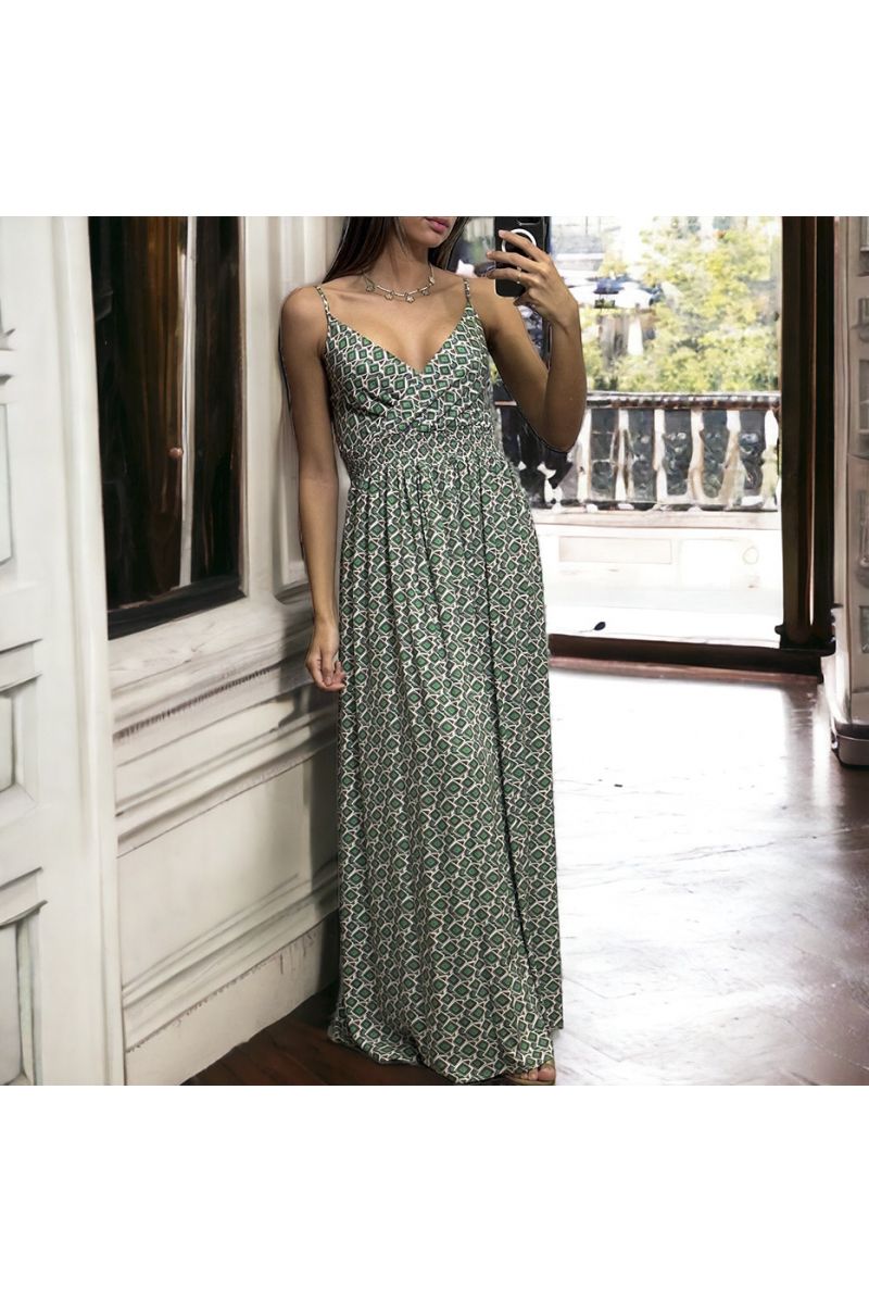 Long green patterned dress with removable straps - 2