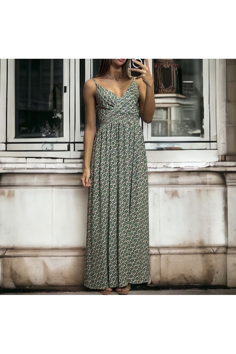 Long green patterned dress with removable straps - 3