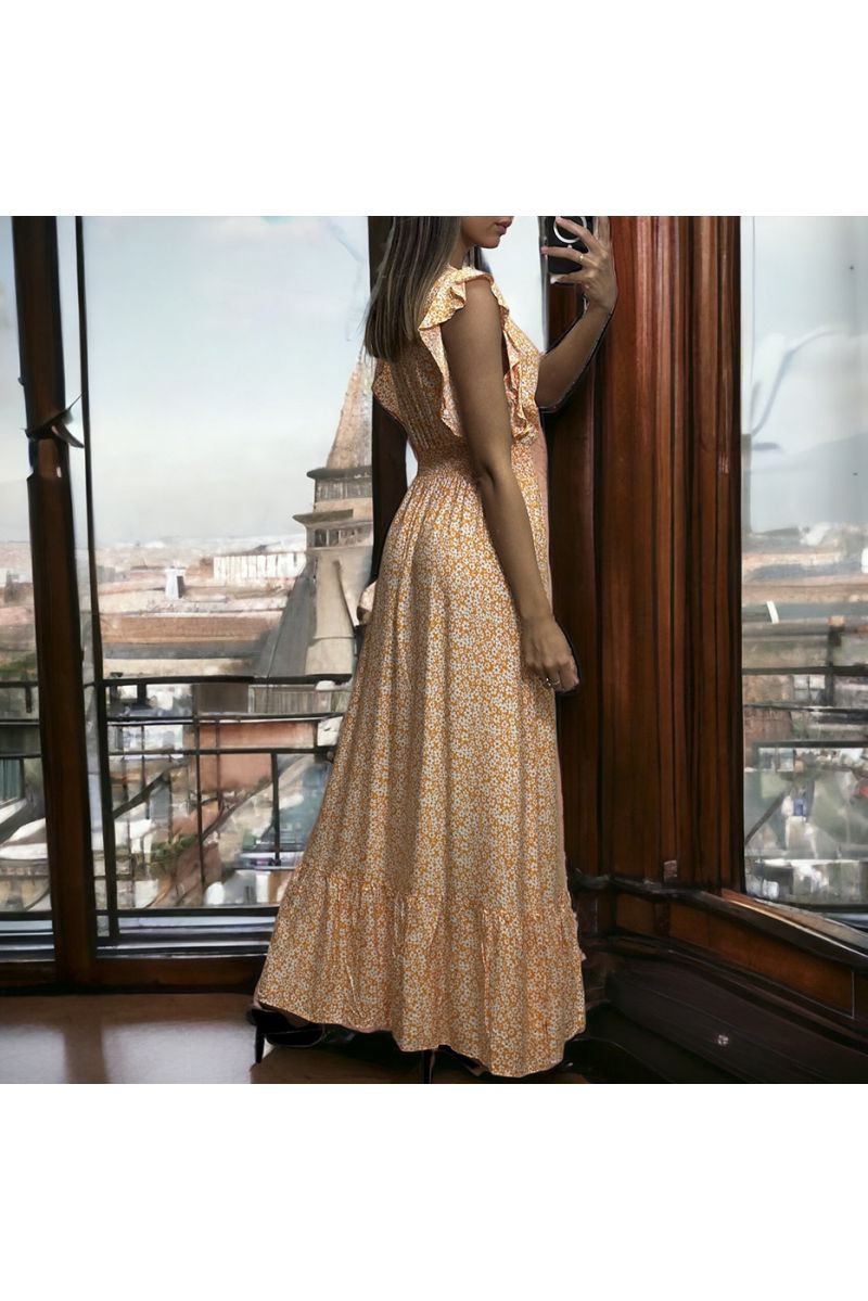 Long mustard floral dress crossed and gathered at the waist - 1