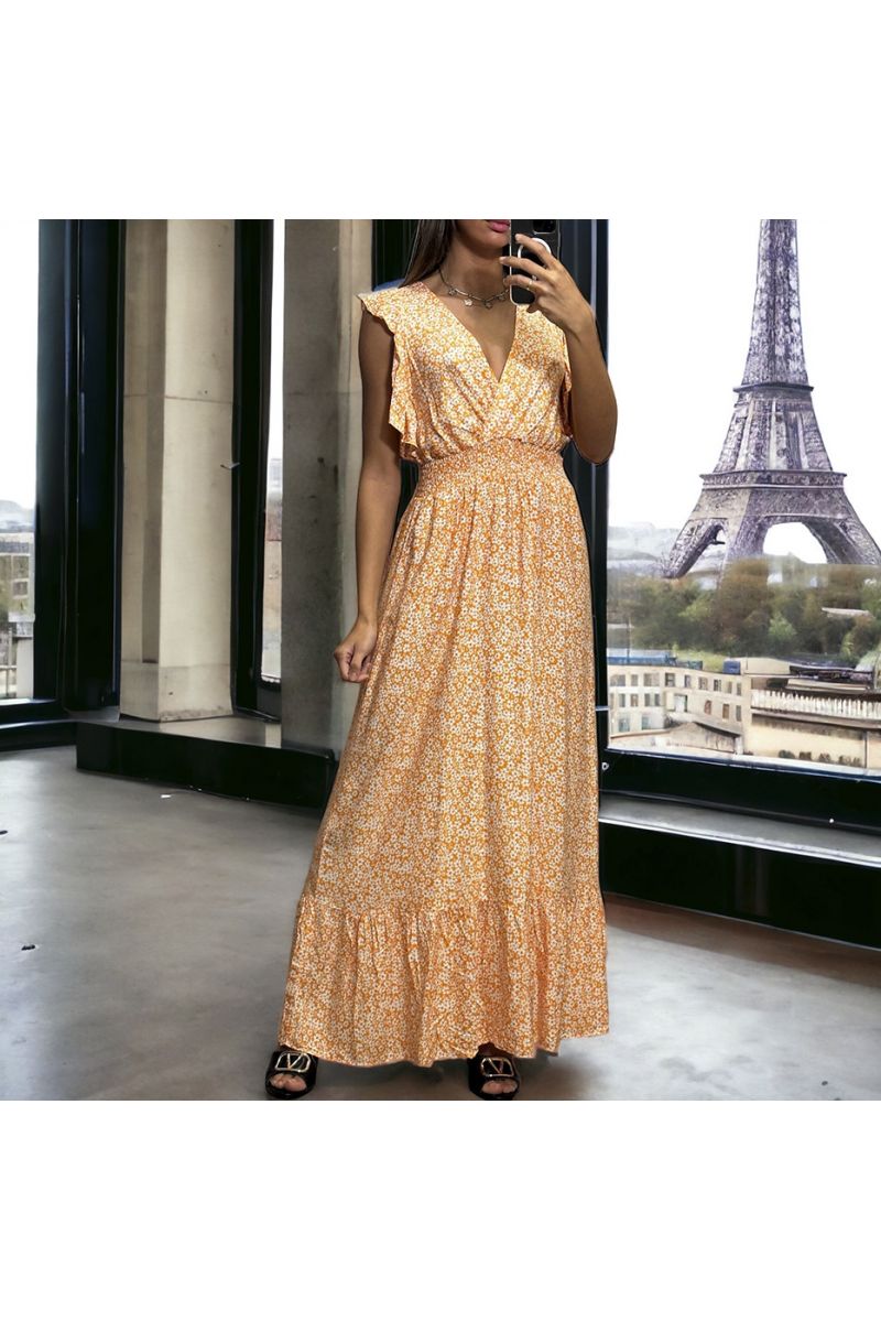 Long mustard floral dress crossed and gathered at the waist - 3