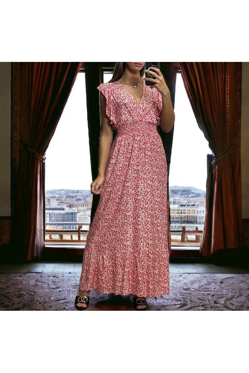 Long red floral dress crossed and gathered at the waist - 2