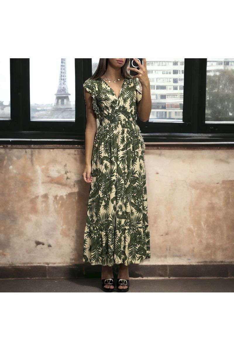 Lange jurk met groen bladpatroon gekruist en gerimpeld in de taille - 3