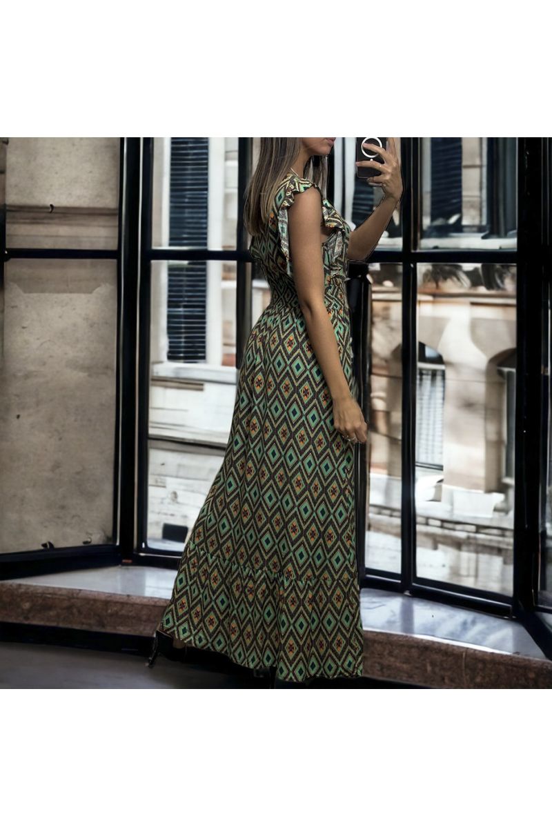 Long green pattern dress crossed and gathered at the waist - 1