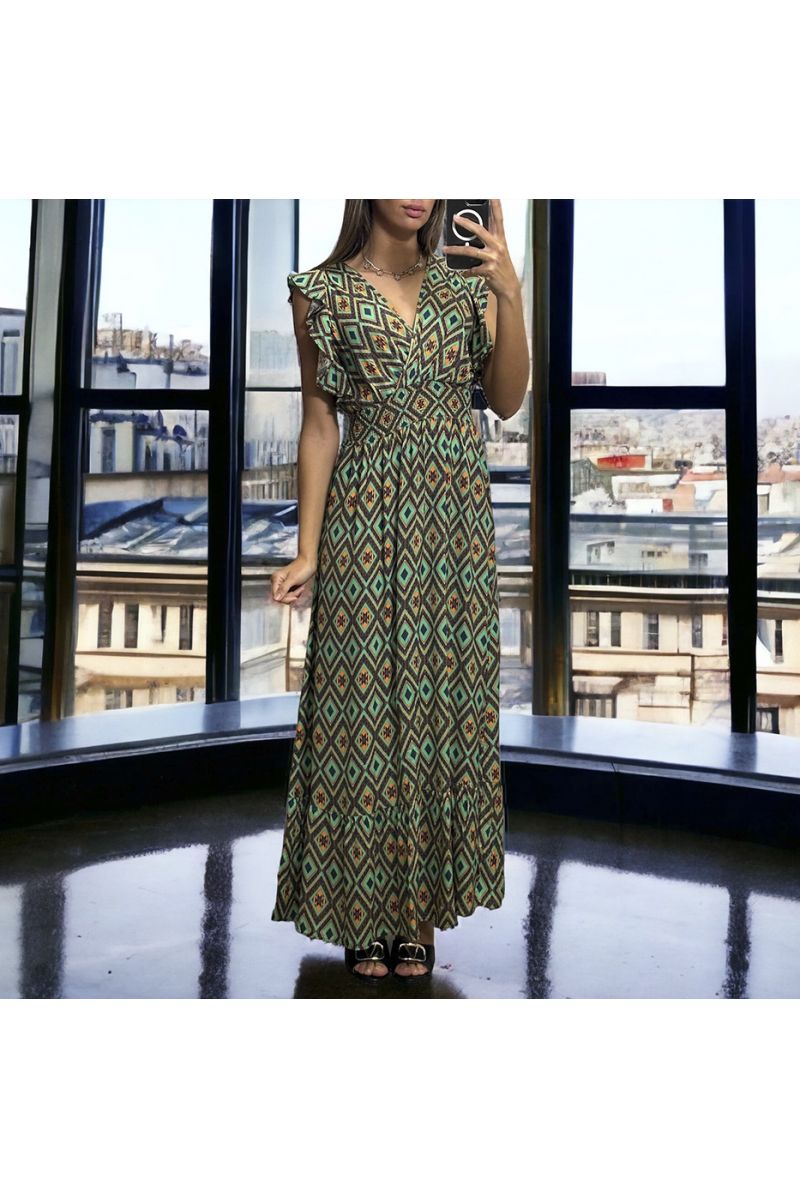 Lange jurk met groen patroon gekruist en gerimpeld in de taille - 3