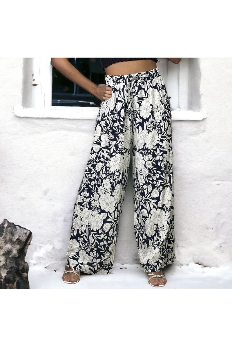 Pantalon palazzo grande taille marine à motif - 2