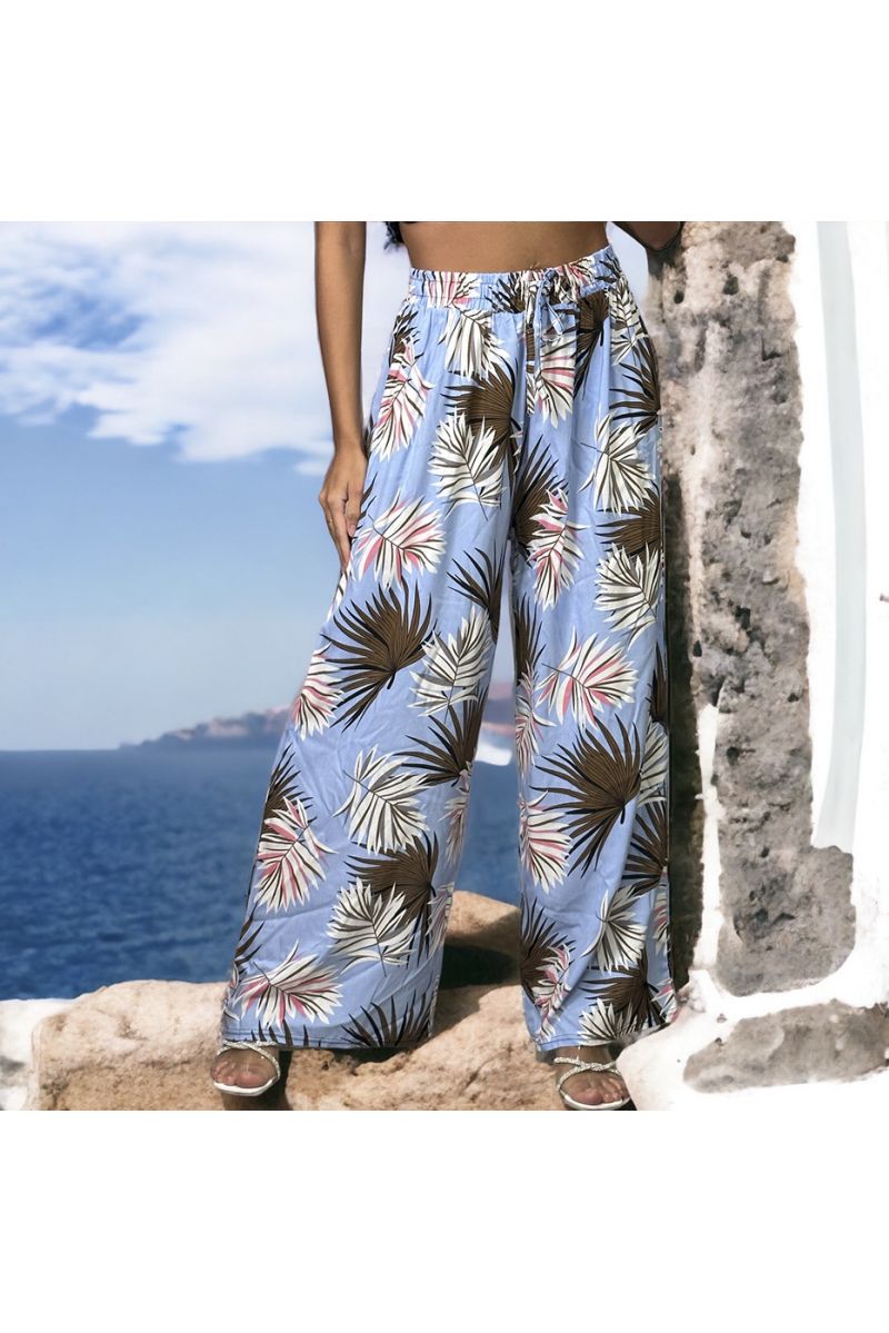 Plus size blue palazzo pants with leaf pattern - 2
