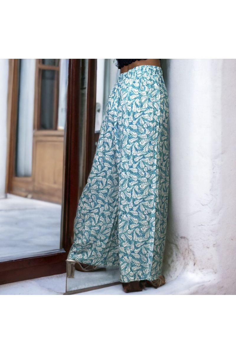 Plus size blue palazzo pants with leaf pattern - 1