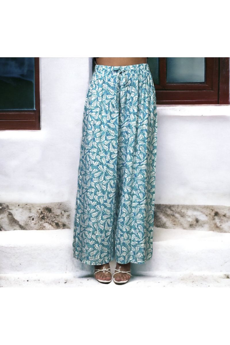 Plus size blue palazzo pants with leaf pattern - 2