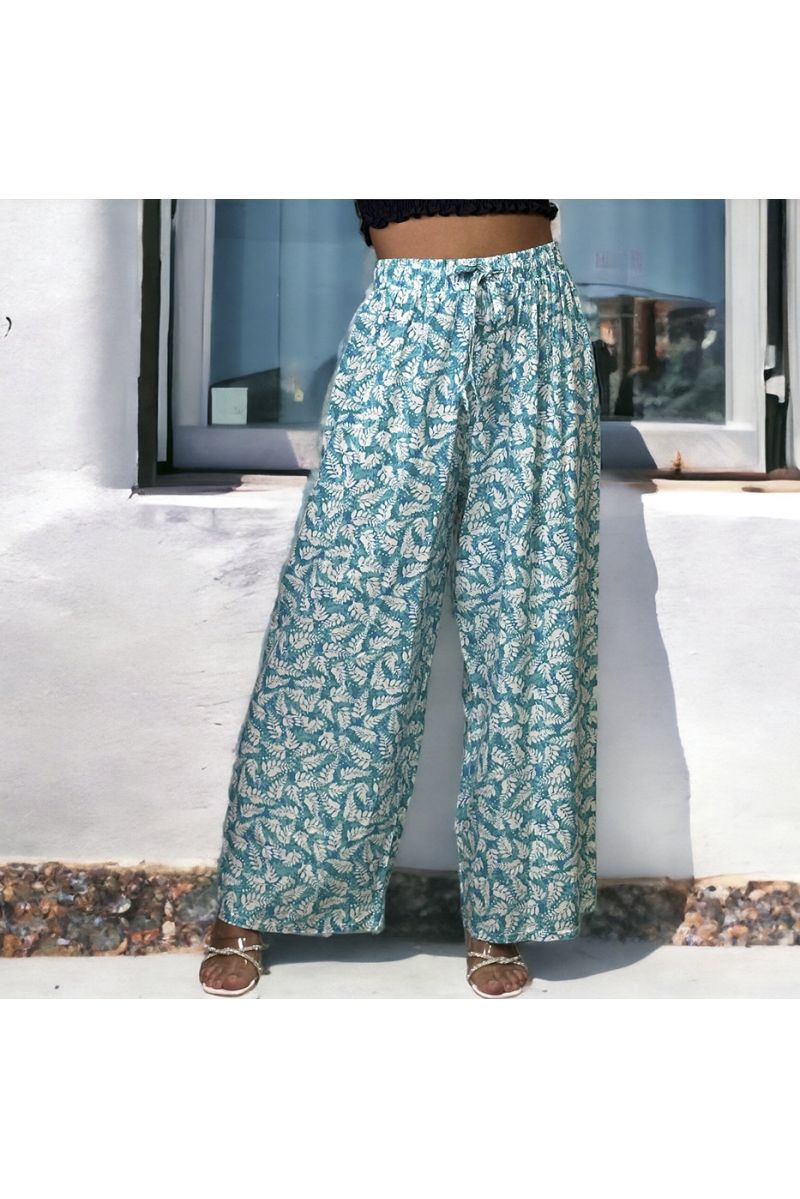 Plus size blue palazzo pants with leaf pattern - 3