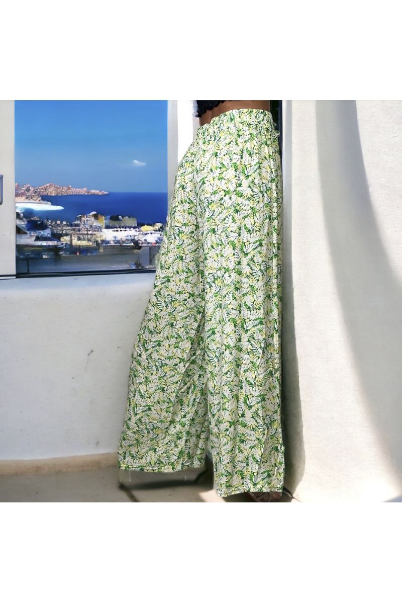 Plus size green leaf pattern palazzo pants - 1