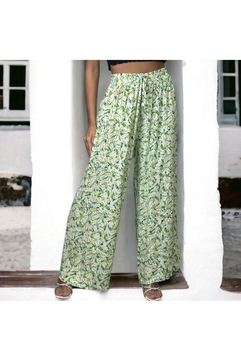 Plus size green leaf pattern palazzo pants - 3