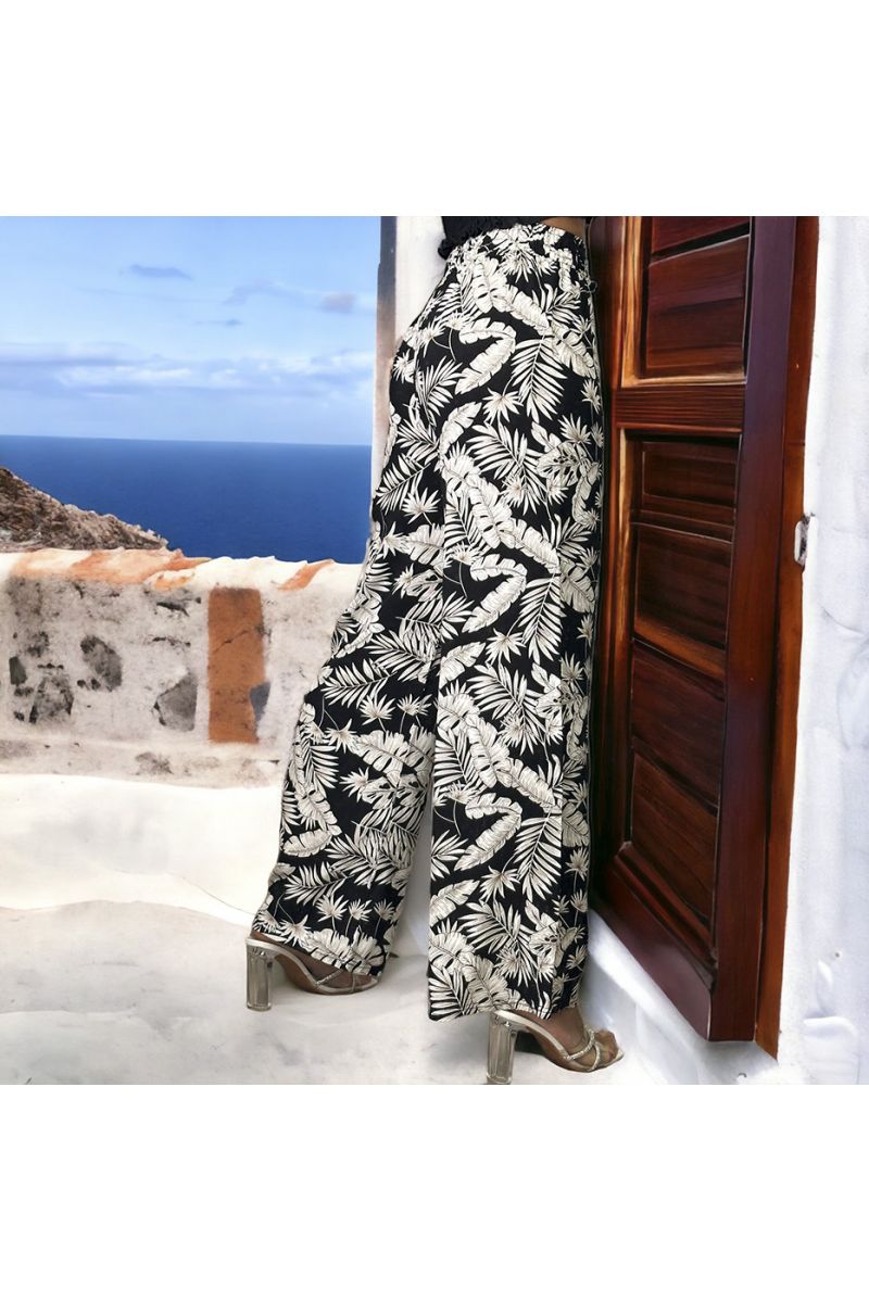 Pantalon palazzo noir à motif feuilles - 1