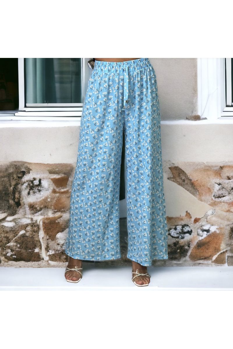 Blue pleated palazzo trousers with pattern - 1