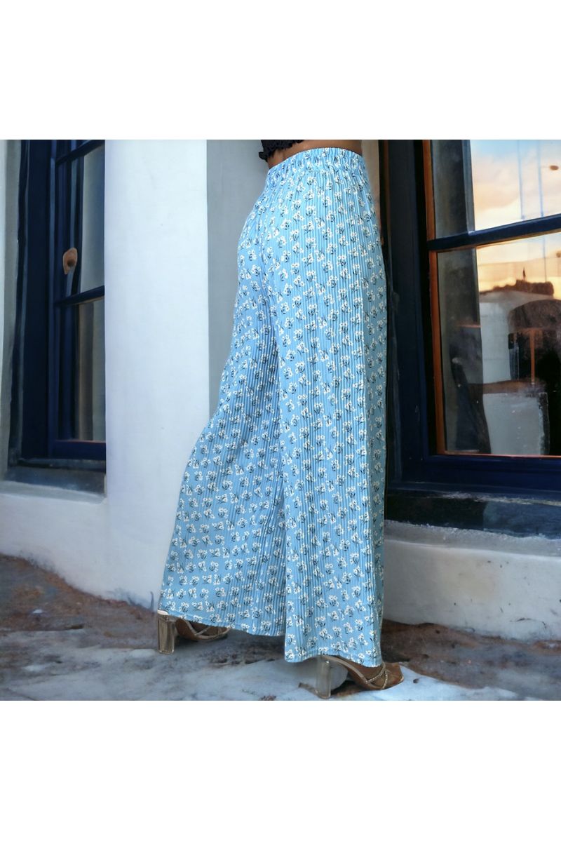 Blue pleated palazzo trousers with pattern - 2