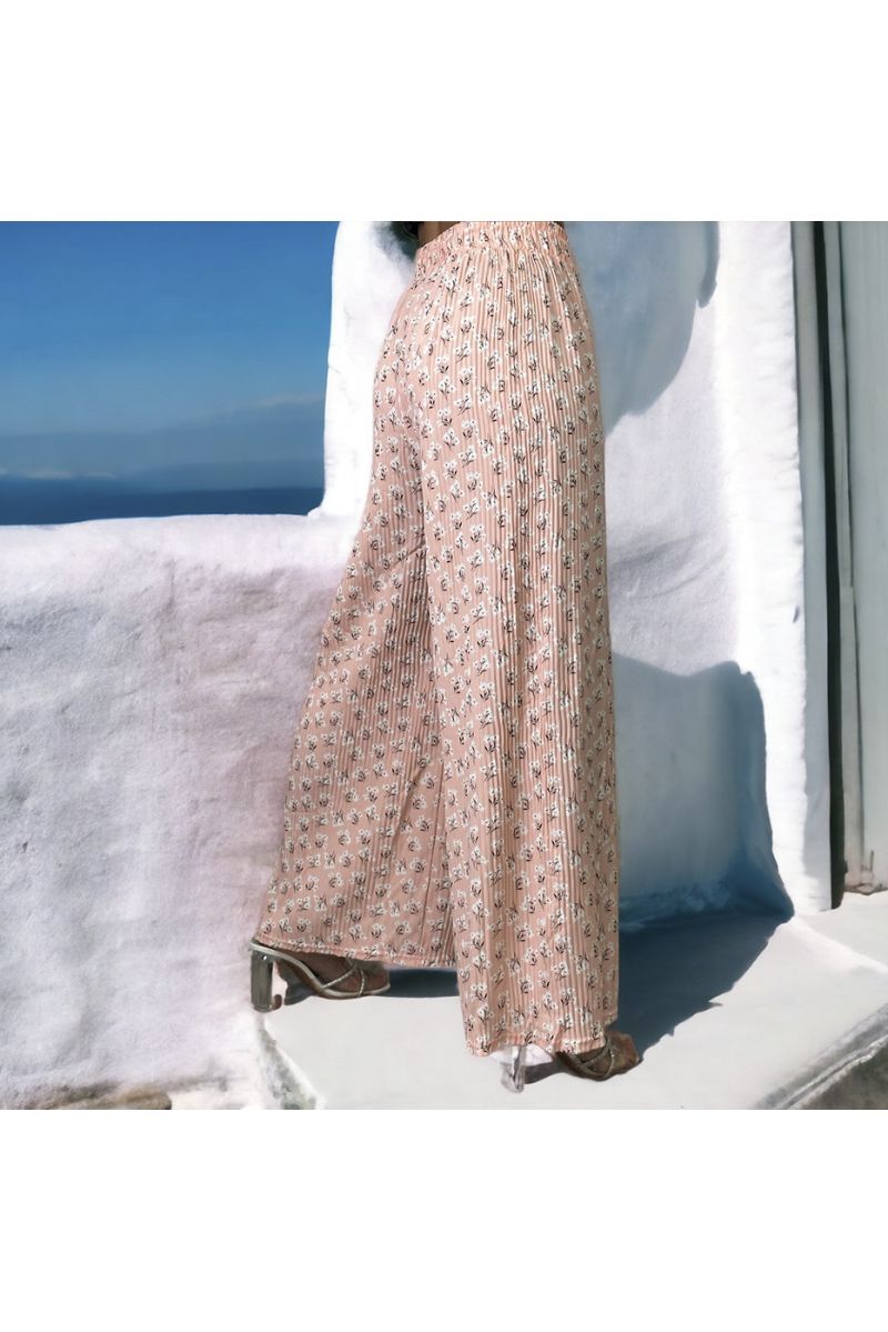 Pleated pink palazzo trousers with pattern - 1
