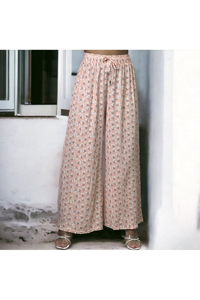 Pleated pink palazzo trousers with pattern - 2