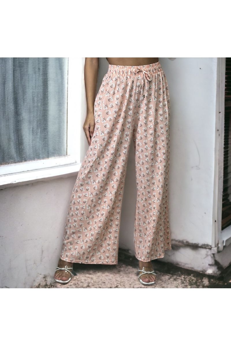 Pleated pink palazzo trousers with pattern - 3