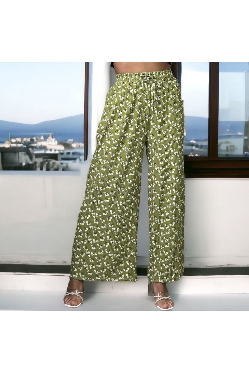 Green pleated palazzo trousers with pattern - 3