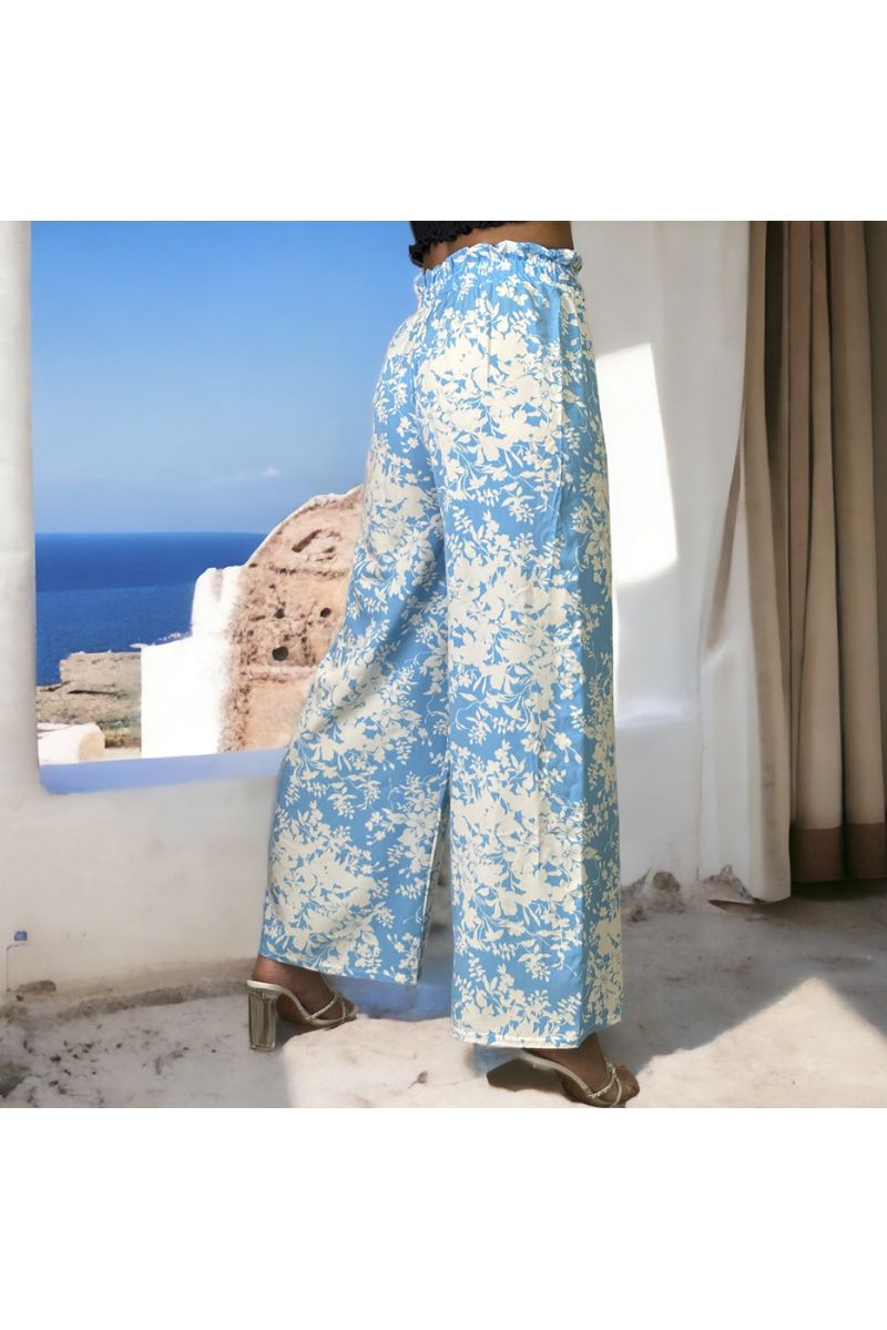 Turquoise palazzo broek met bloemenpatroon - 1