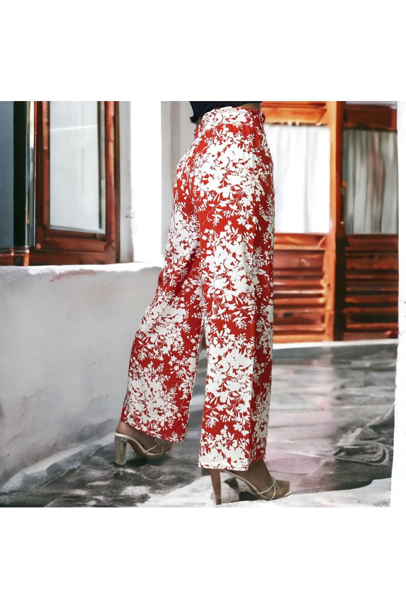 Pantalon palazzo motif fleuris rouge - 1
