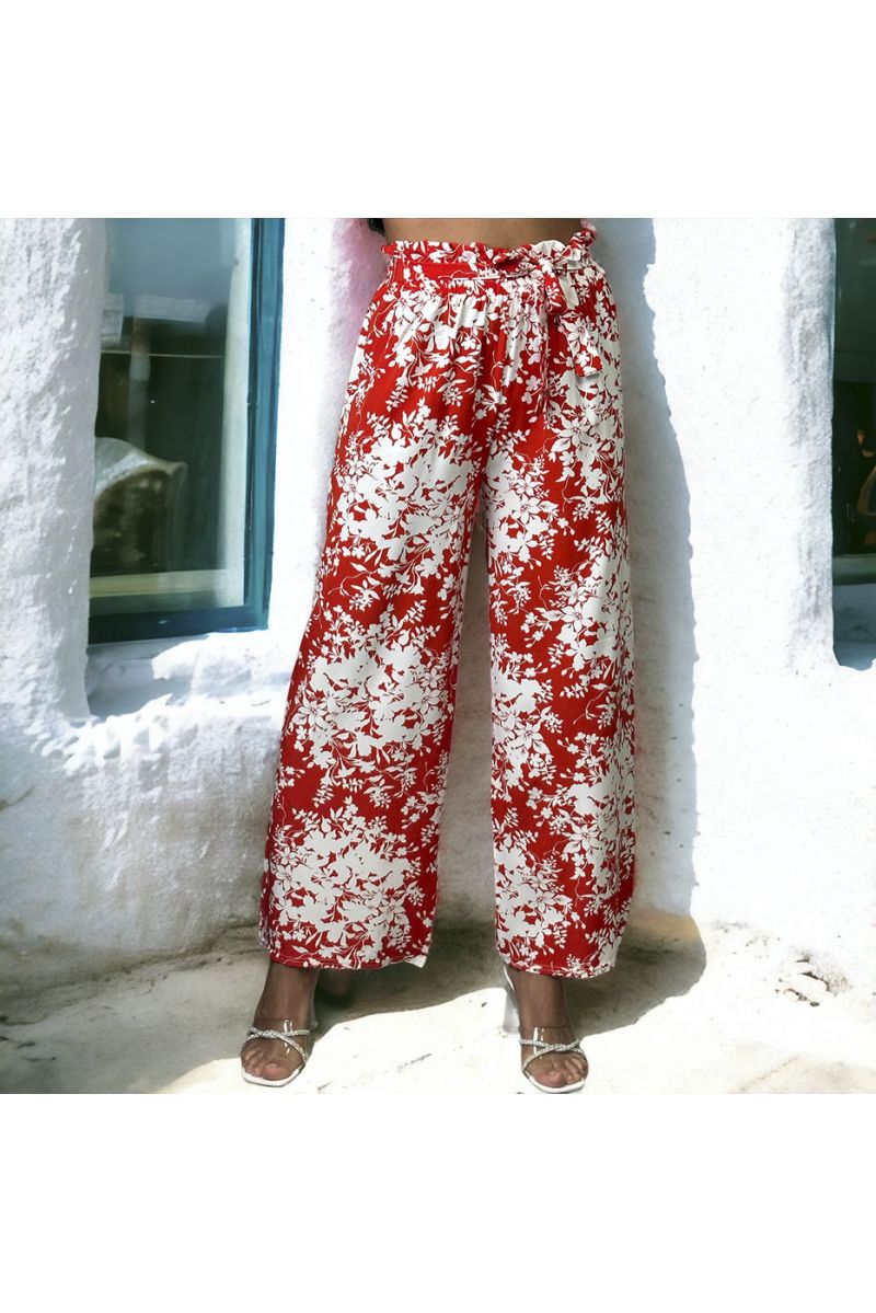 Pantalon palazzo motif fleuris rouge - 2