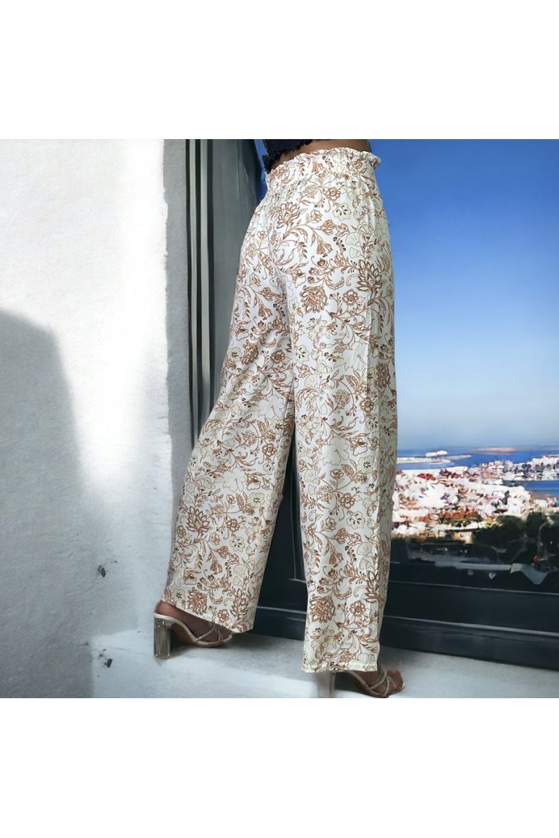 Pantalon palazzo motif fleuris blanc - 1