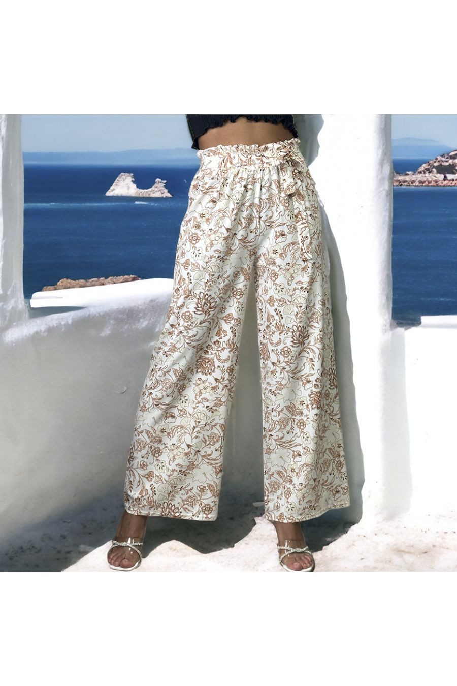 Pantalon palazzo motif fleuris blanc - 2