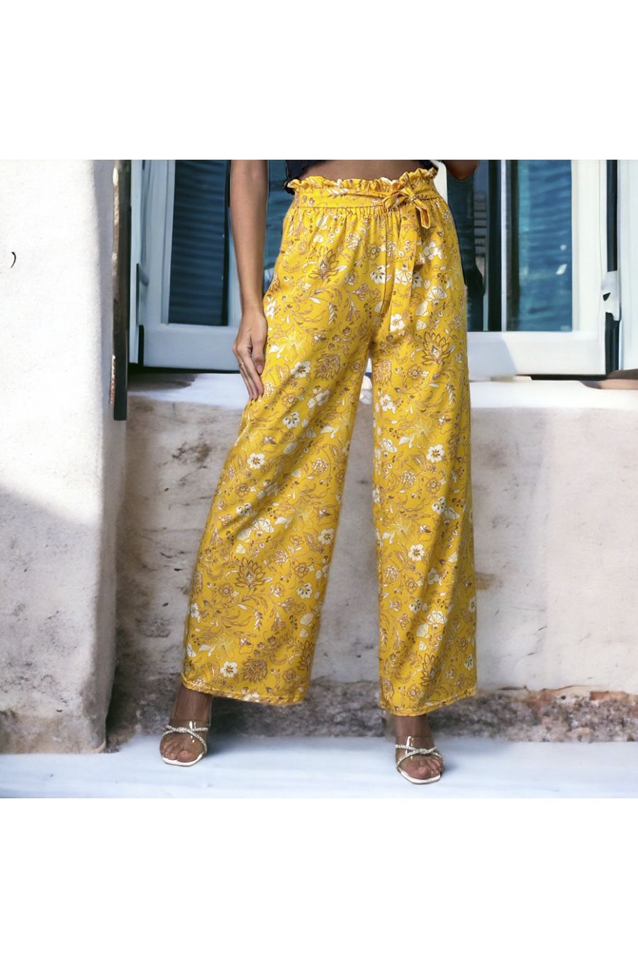Pantalon palazzo motif fleuris moutarde - 3