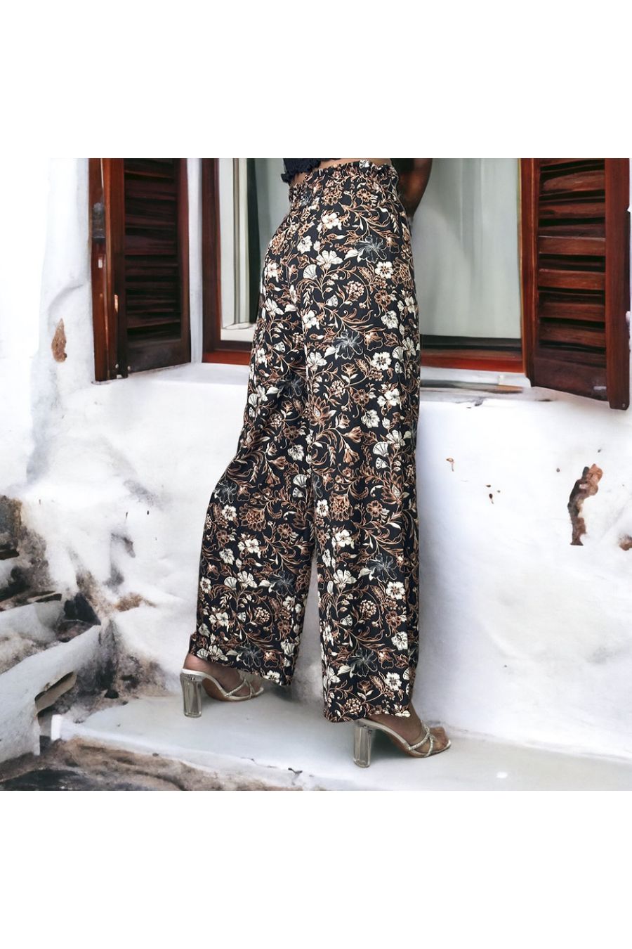 Black floral pattern palazzo pants - 1