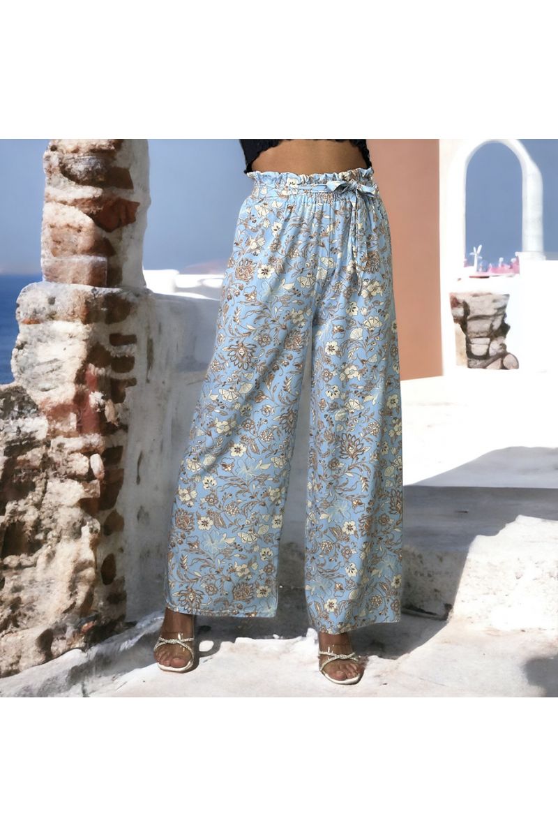 Turquoise floral pattern palazzo pants - 1