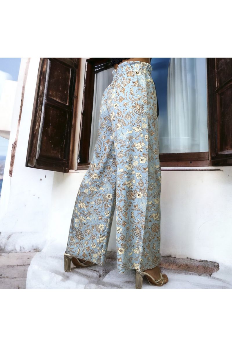 Pantalon palazzo motif fleuris turquoise - 2