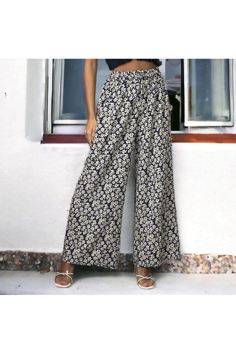 Black pleated floral pattern palazzo pants - 1
