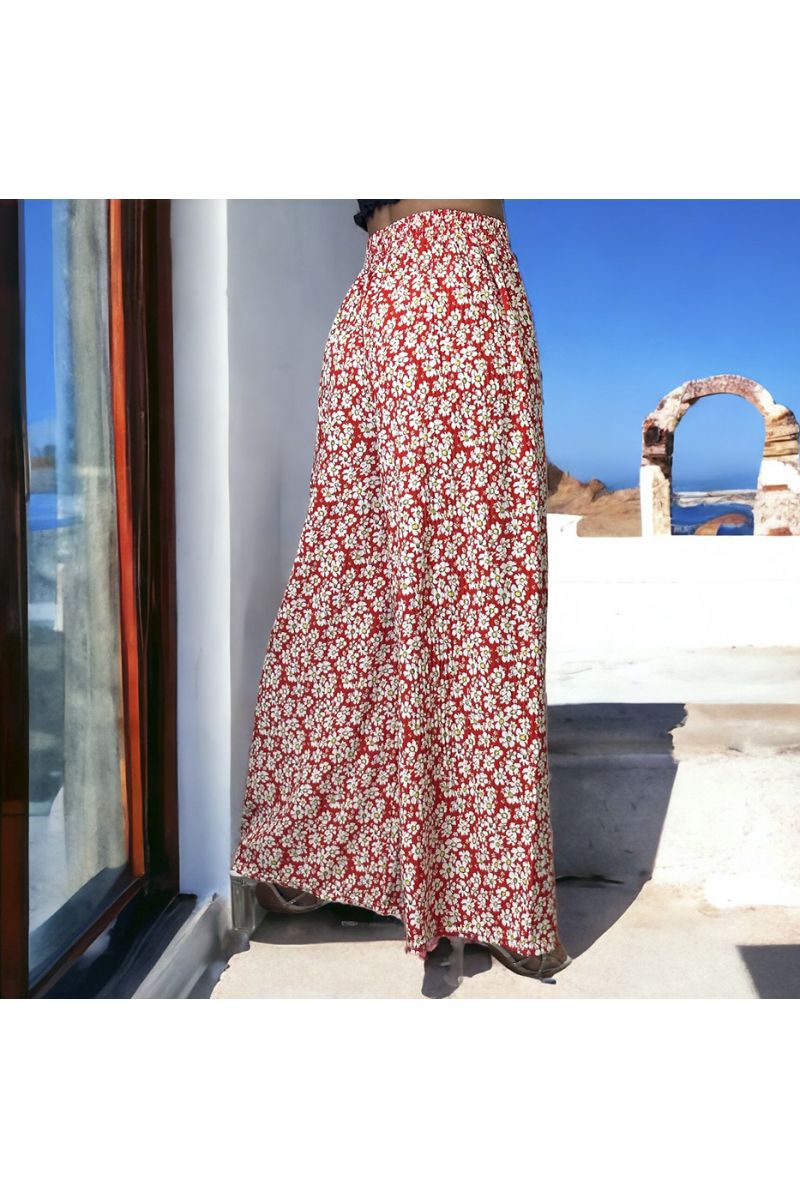 Pantalon palazzo motif fleuris plissé rouge - 1