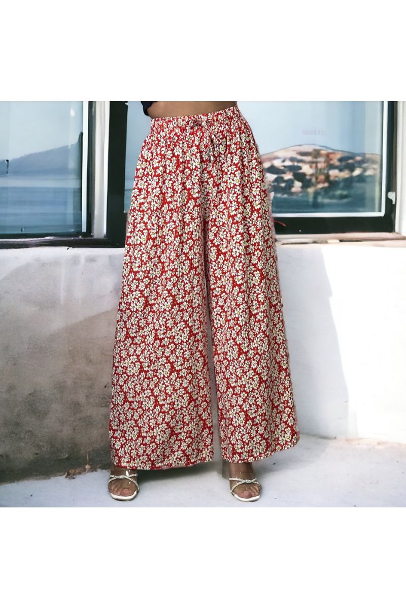 Red pleated floral pattern palazzo pants - 2