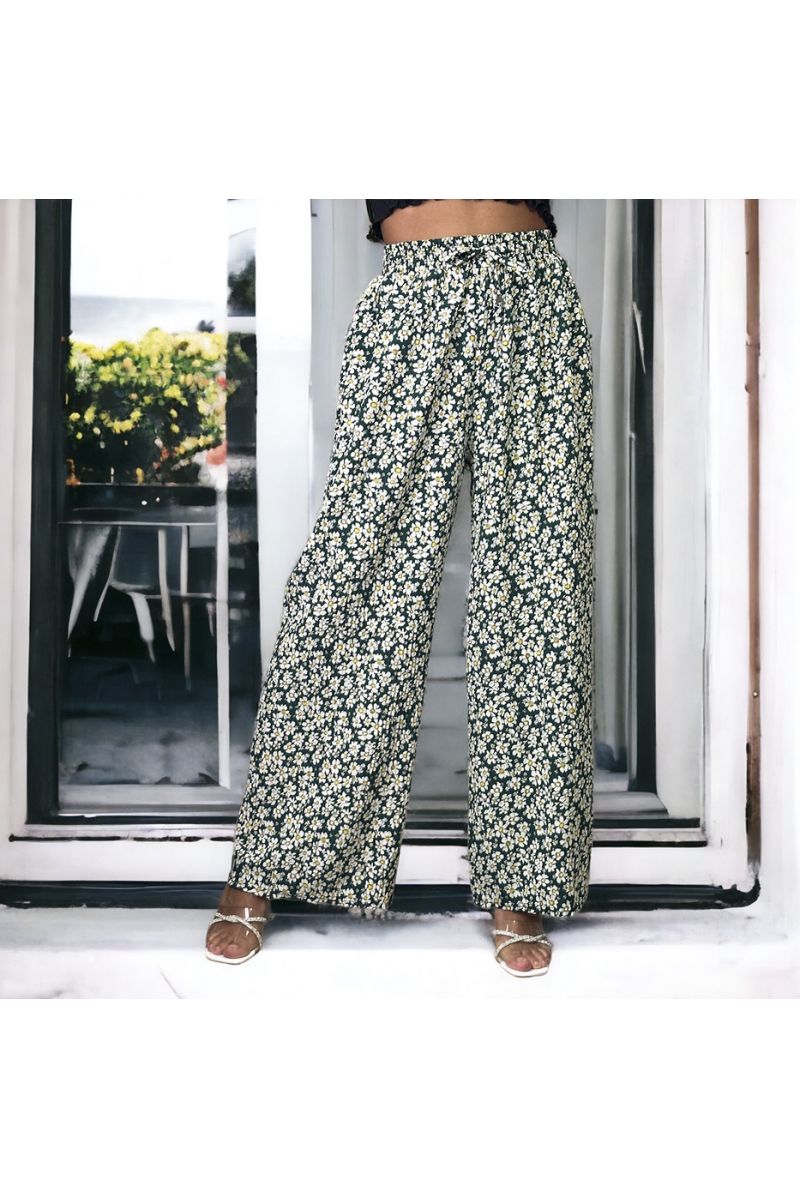Green pleated floral pattern palazzo pants - 2