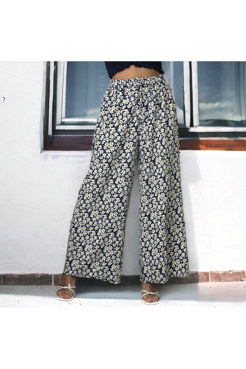 Navy pleated floral pattern palazzo pants - 1