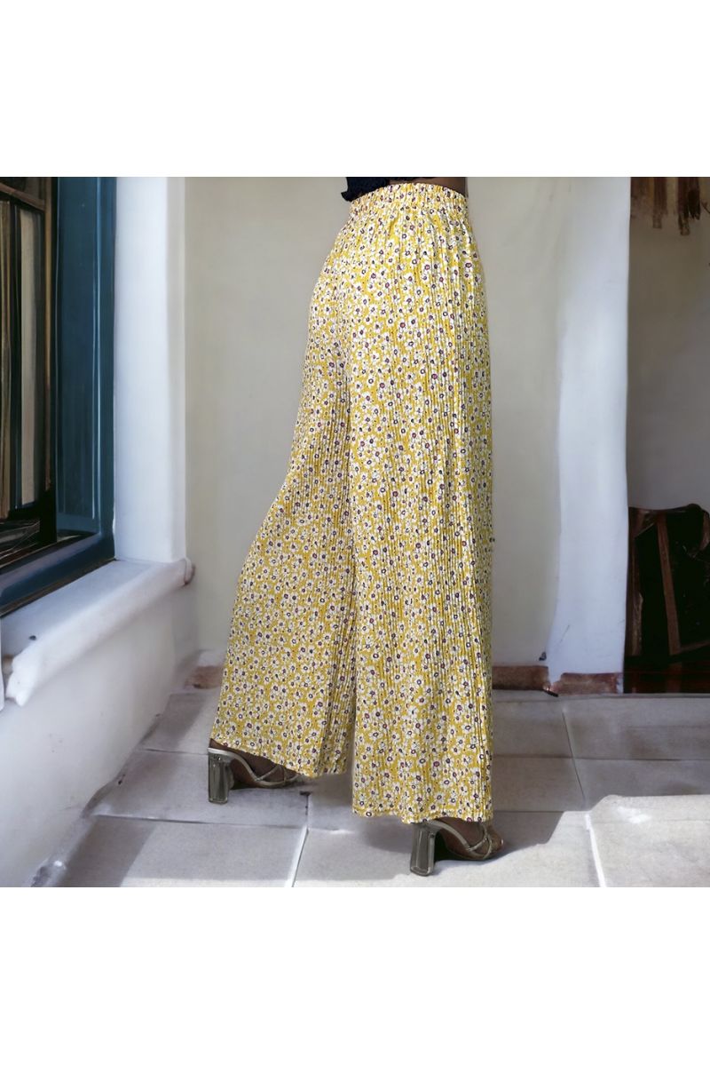 Pantalon palazzo motif fleuris plissé moutarde - 1