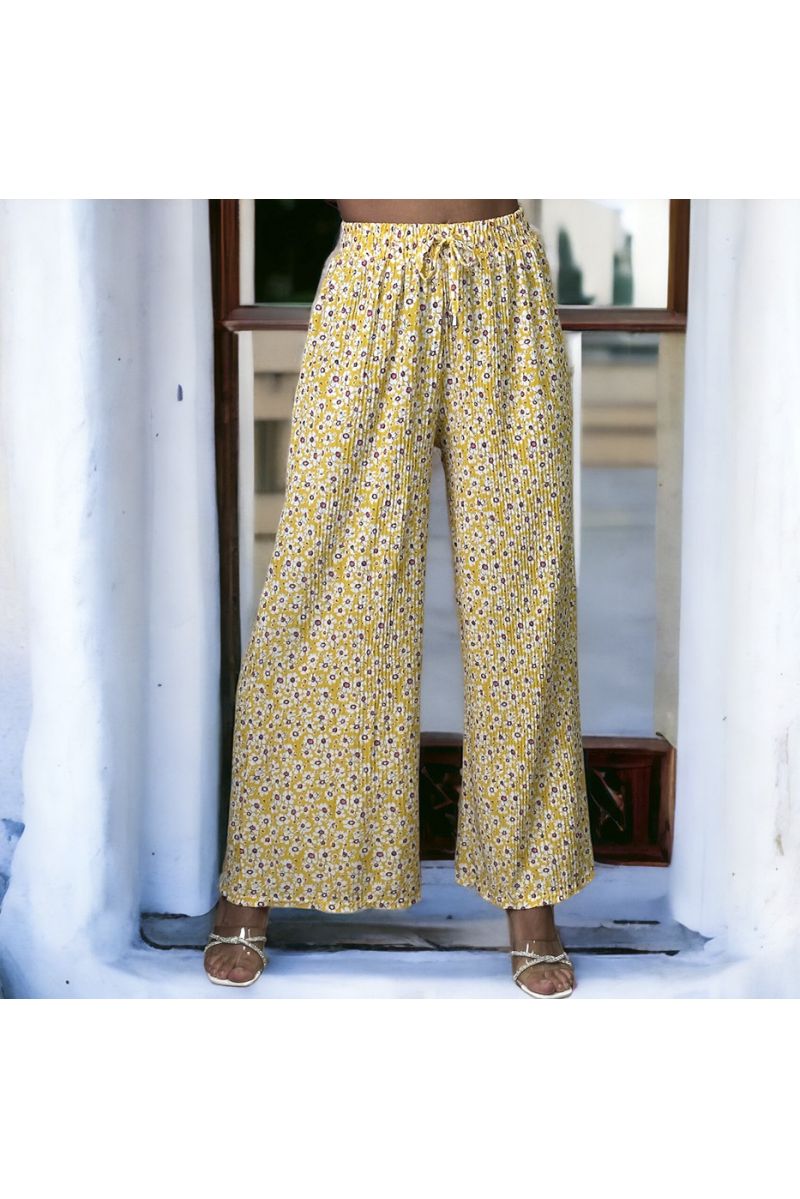 Mustard pleated floral pattern palazzo pants - 2