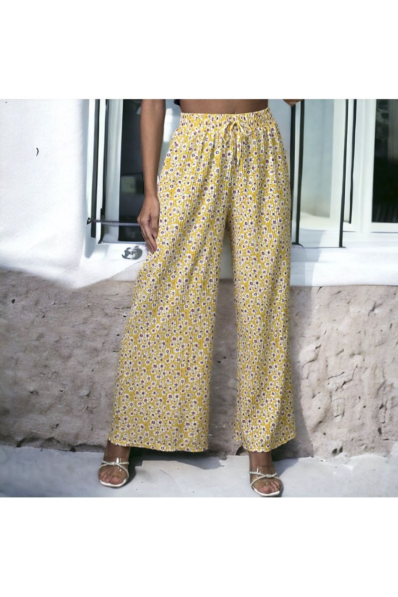 Mustard pleated floral pattern palazzo pants - 3
