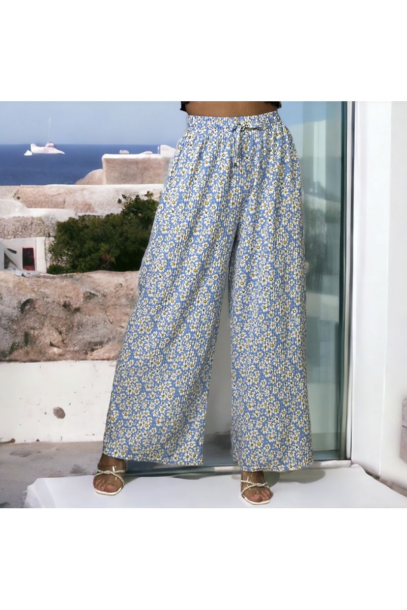 Turquoise pleated floral pattern palazzo pants - 3