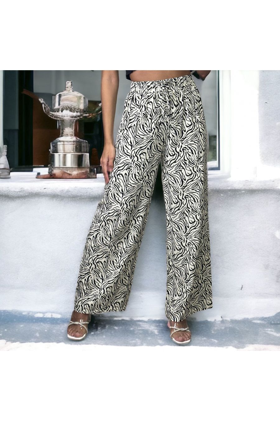 Pantalon palazzo blanc motif zèbre - 1
