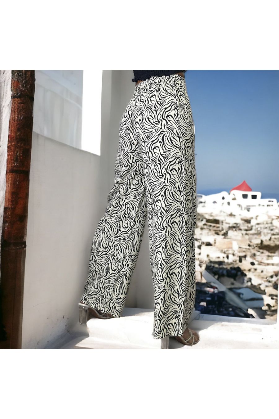 Pantalon palazzo blanc motif zèbre - 3